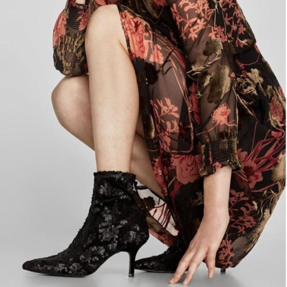 ZARA Sequin Velvet Sock Black Booties
